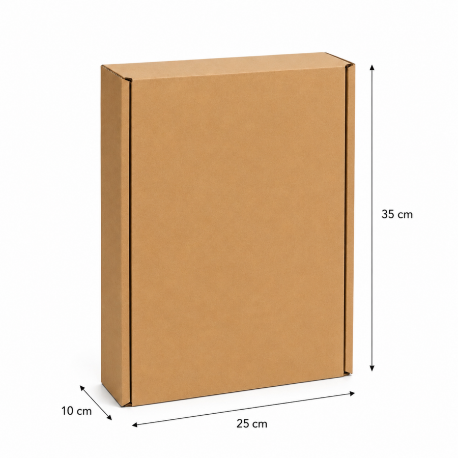 Caja automontable de cartón kraft 25x35x10 cm con medidas exteriores