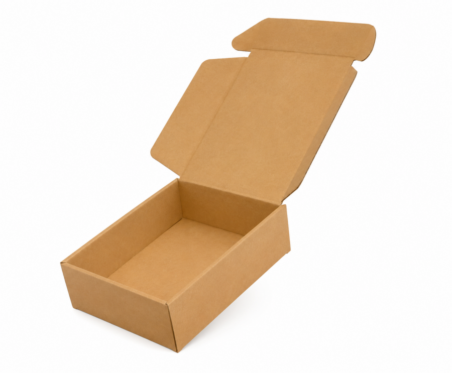 Caja automontable de cartón kraft abierta para envíos ecommerce