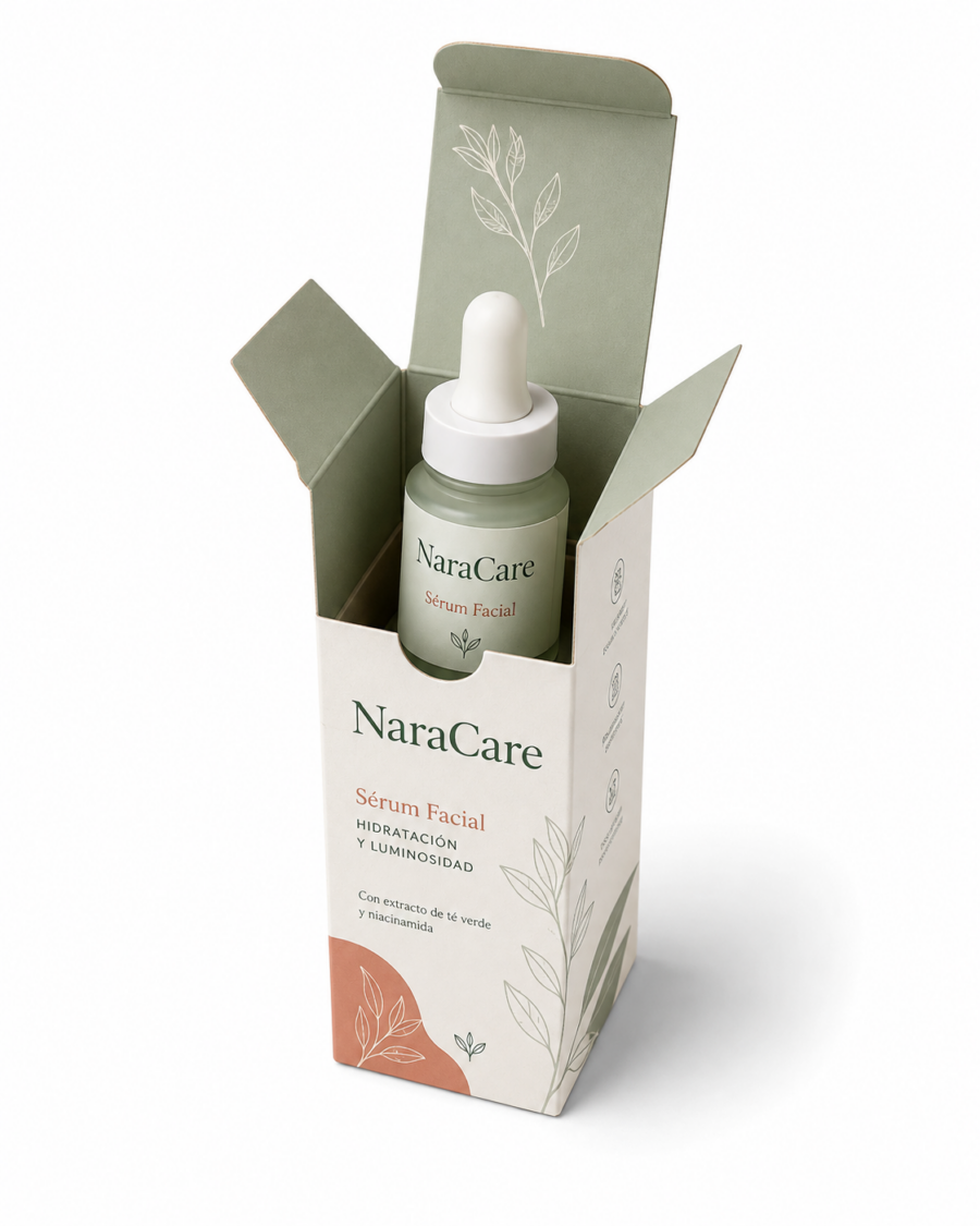 Caja para cosmética 5,5x5,5x10 cm abierta con sérum Caja para cosmética 5,5x5,5x10 cm abierta con sérum facial personalizado