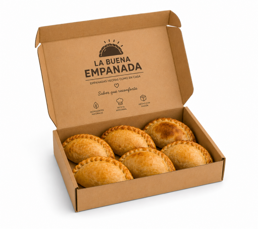 Caja para empanadillas con 6 empanadillas en cartón kraft