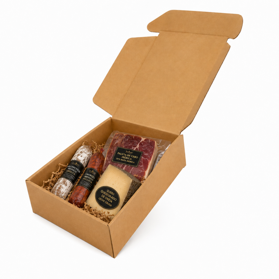 Caja automontable kraft con lote gourmet de embutidos ibéricos y queso curado
