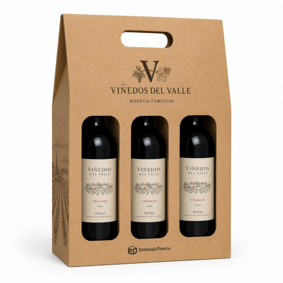 Caja Premium Personalizada para 3 Botellas de Vino Caja premium personalizada para 3 botellas de vino con impresión de bodega y logo Embalaje Directo