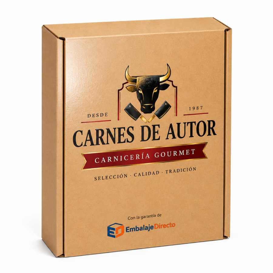 Caja automontable kraft con impresión premium a color para carnicería gourmet