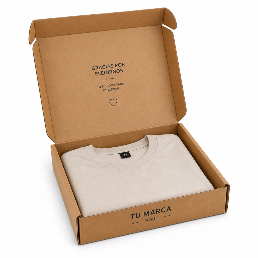 Caja personalizada 25x25x5 cm para envíos de ropa | Ecommerce Caja para envíos de ropa 25x25x5 cm con camiseta dentro y personalización TU MARCA