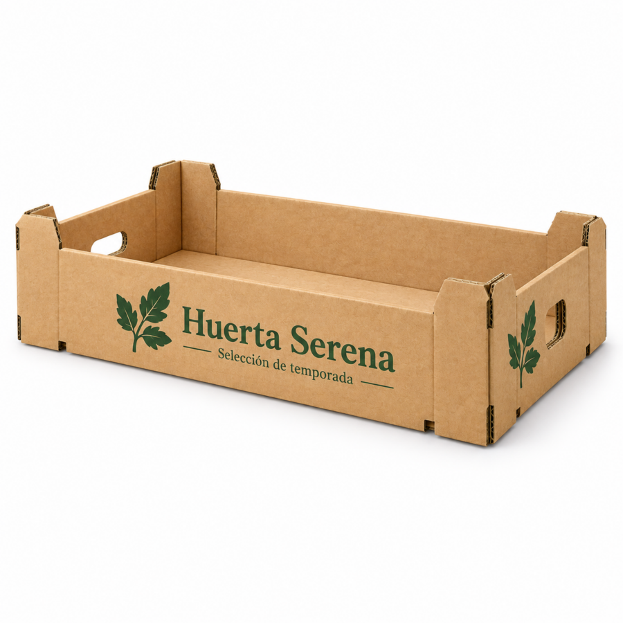 Caja para tomates personalizada con flexografía Huerta Serena Caja para tomates 50x30x11 cm personalizada con impresión flexográfica a un color