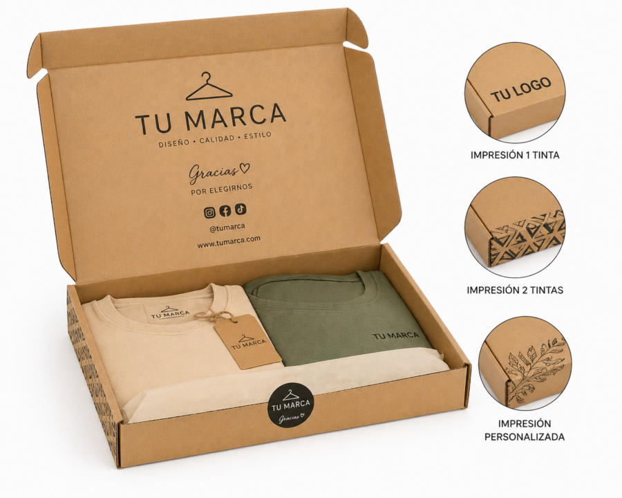 cajas personalizadas para envíos de ropa con ropa dentro y opciones de impresión ecommerce
