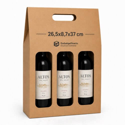 Estuche para 3 Botellas de Vino 26,5x8,7x37 cm | Embalaje Directo Estuche para 3 botellas de vino 26,5x8,7x37 cm color kraft con asa y botellas de vino