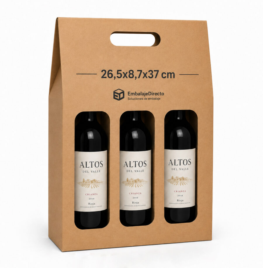 Estuche para 3 Botellas de Vino 26,5x8,7x37 cm | Embalaje Directo Estuche para 3 botellas de vino 26,5x8,7x37 cm color kraft con asa y botellas de vino