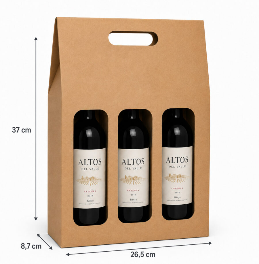 Medidas Estuche para 3 Botellas de Vino 26,5x8,7x37 cm Medidas estuche para 3 botellas de vino 26,5x8,7x37 cm color kraft