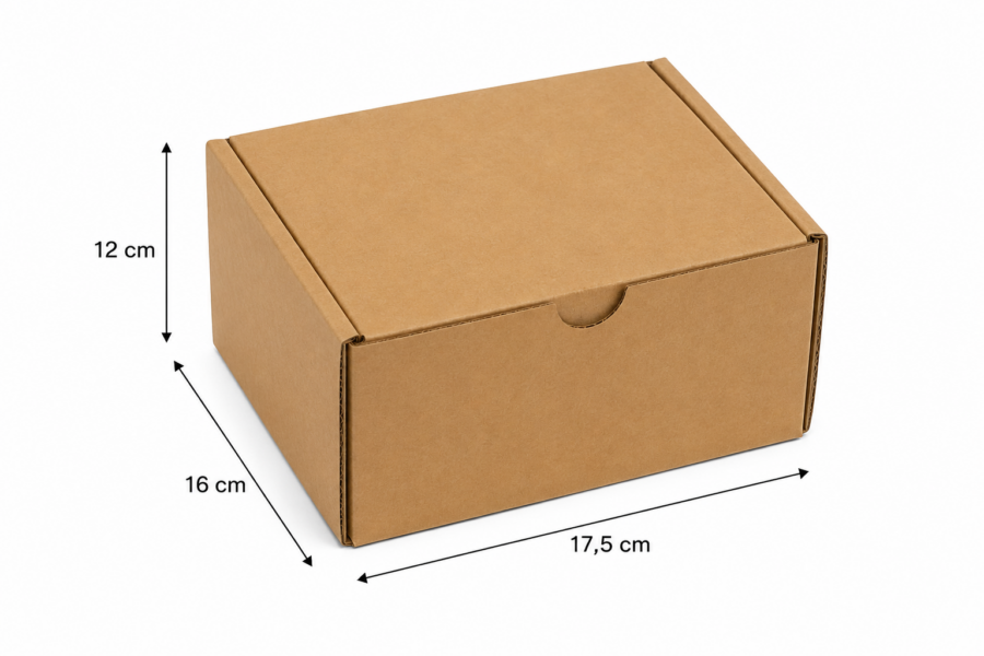 Caja automontable 17,5 x 16 x 12 cm Caja automontable de cartón kraft 17,5x16x12 cm con medidas y flechas