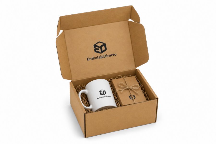 Caja automontable kraft para packaging ecommerce Caja automontable de cartón kraft con taza y paquete regalo en interior