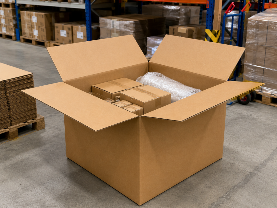 Caja de cartón industrial para logística y almacén Caja industrial 80x60x60 cm en uso logístico