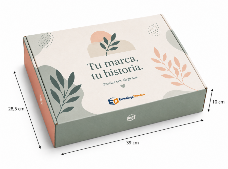 Caja personalizada 39x28,5x10 cm con medidas Caja personalizada con medidas 39x28,5x10 cm y flechas técnicas