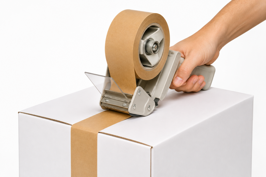Cinta adhesiva kraft con dispensador para embalaje Cinta adhesiva papel kraft 50m x 48mm con dispensador sobre caja