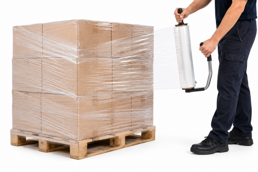 Aplicador de film estirable envolviendo un palet de cajas