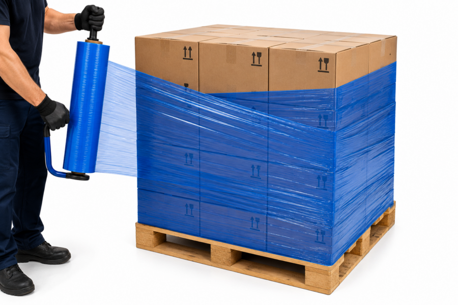 Film estirable azul para paletizar mercancías Aplicador de film estirable azul envolviendo un palet de cajas