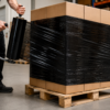 Aplicador de film estirable negro envolviendo un palet de cajas