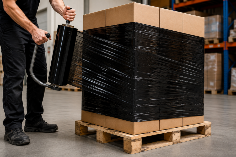 Aplicador de film estirable negro envolviendo un palet de cajas