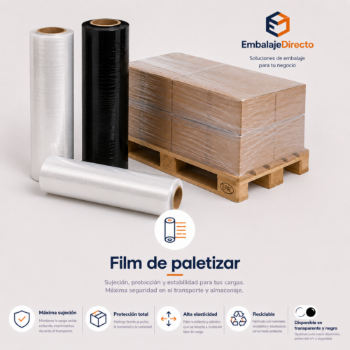 Film de paletizar profesional | Embalaje Directo Film de paletizar transparente y negro para protección y fijación de cargas en palets