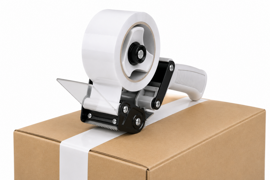 Precinto blanco adhesivo 66 metros x 48 mm con dispensador cerrando caja