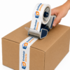 Precinto personalizado 66m 48mm con dispensador sobre caja de cartón
