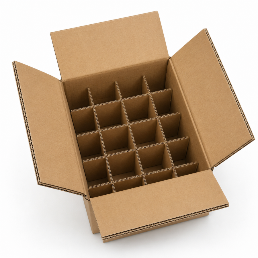 Caja para 6 botellas de vino con separadores y canal doble Caja para envío de 6 botellas de vino con separadores interiores de cartón y canal doble