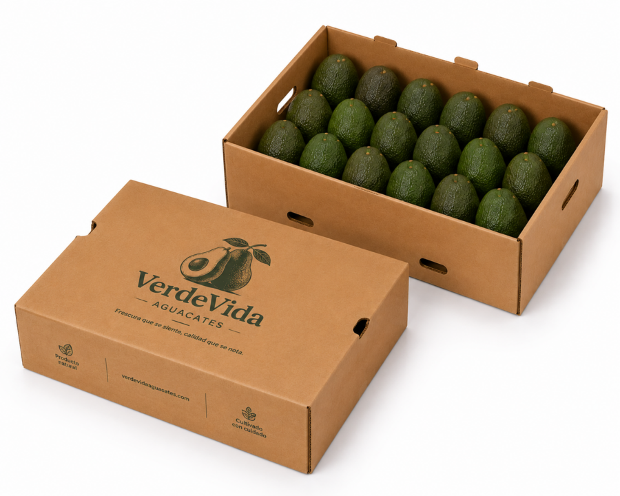 Caja personalizada para aguacates 40x30x12 cm Caja para aguacates tapa y fondo personalizada 40x30x12 cm con aguacates frescos