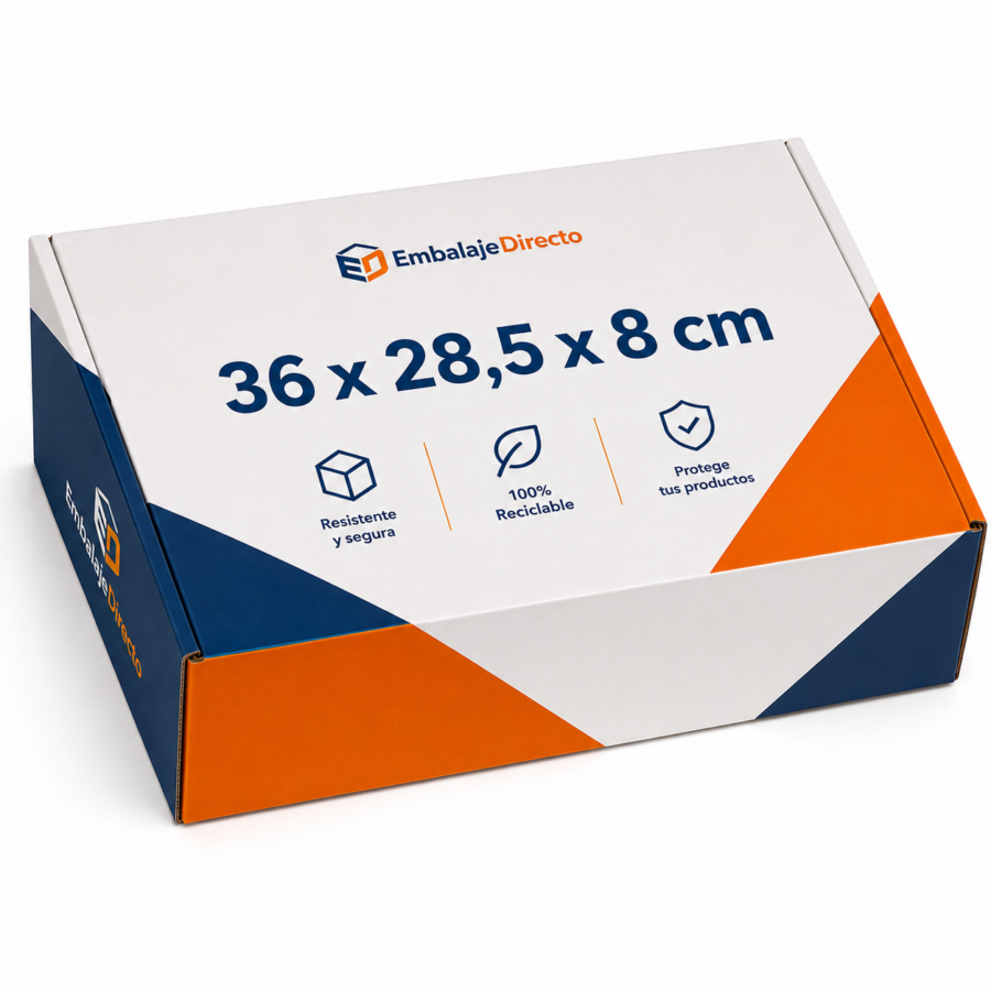 Caja automontable con tapa 36x28,5x8 cm personalizada | Embalaje Directo Caja automontable con tapa 36x28,5x8 cm personalizada a todo color para ecommerce y envíos
