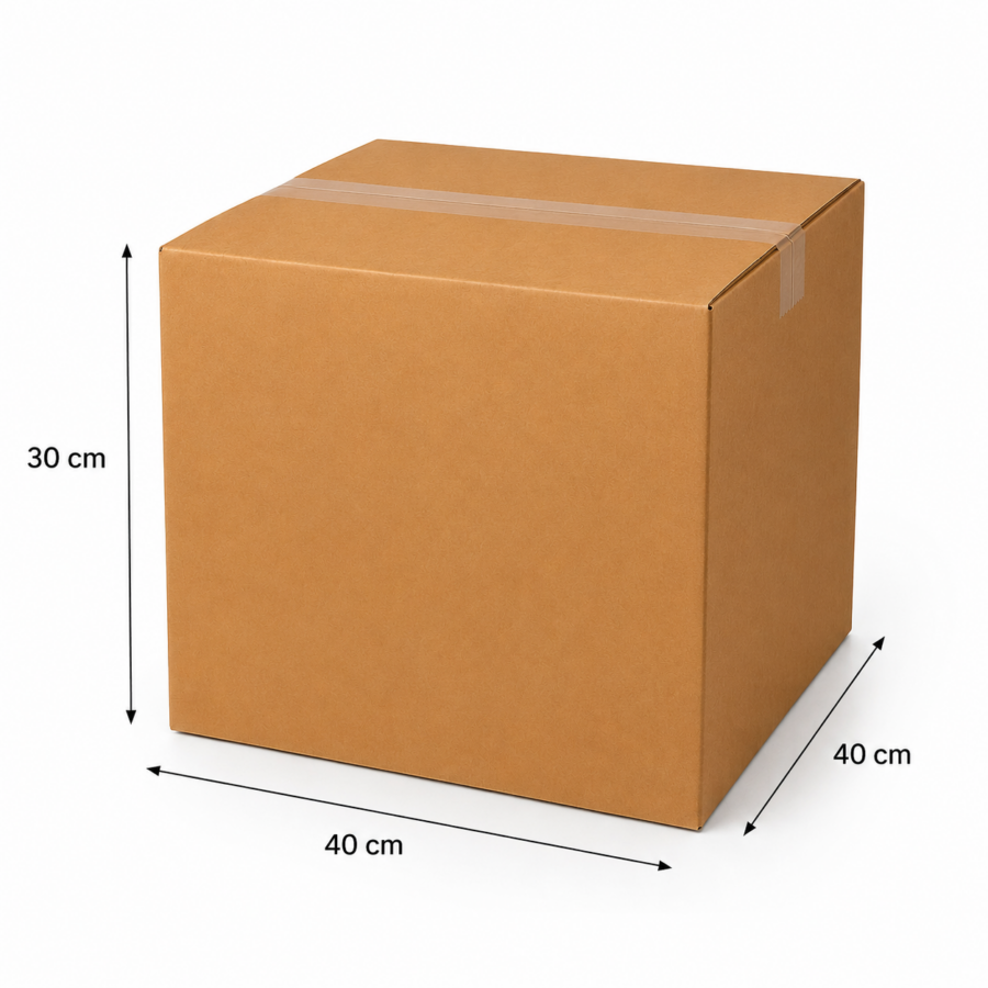 Medidas de caja de cartón 40x40x30 cm de 4 solapas en color kraft para embalaje y transporte.