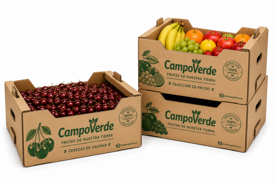 Caja para cerezas personalizada con fruta fresca y cajas apiladas