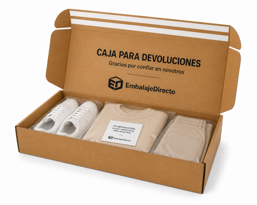 Caja para Devoluciones Ecommerce 63x34x14 cm con Productos Caja para devoluciones ecommerce 63x34x14 cm con ropa y calzado para devolución