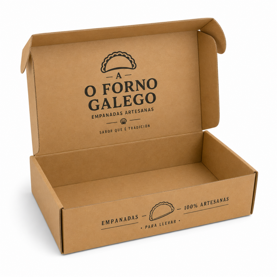 Caja para empanadillas personalizada 29x20x7 cm abierta Caja para empanadillas 29x20x7 cm abierta y personalizada con impresión interior