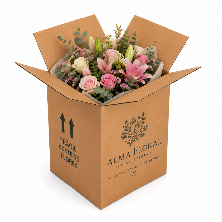 Caja para flores con ramo floral 35x35x50 cm Caja para envío de flores 35x35x50 cm con ramo floral y señalización frágil