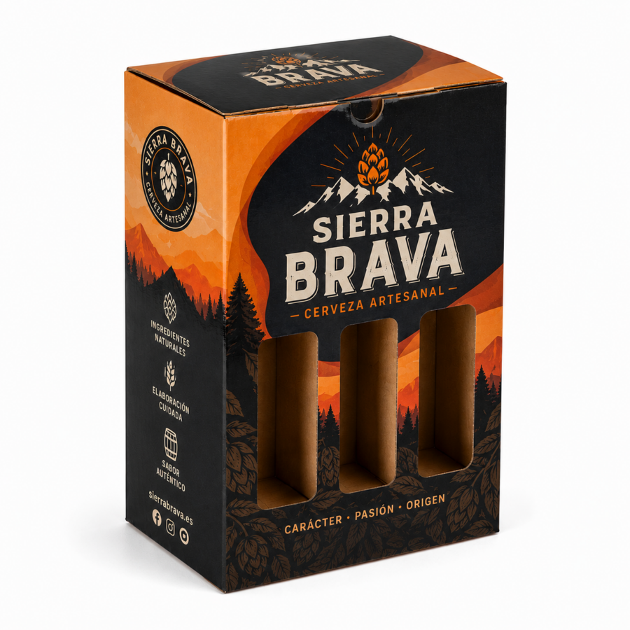 Caja expositora personalizada para cerveza artesanal | Embalaje Directo Caja expositora de cartón personalizada para cerveza artesanal con impresión offset a todo color y ventanas frontales