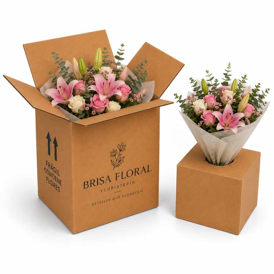 Caja para envío de flores con soporte interior 30x30x60 cm Caja para flores 30x30x60 cm con ramo floral y soporte interior de cartón para envío seguro de flores