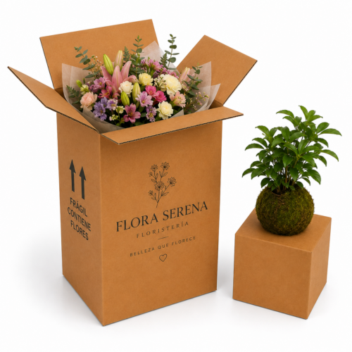 Caja para envío de flores y kokedamas 30x30x60 cm Caja para flores 30x30x60 cm con ramo floral y kokedama en cartón kraft para envíos de floristería