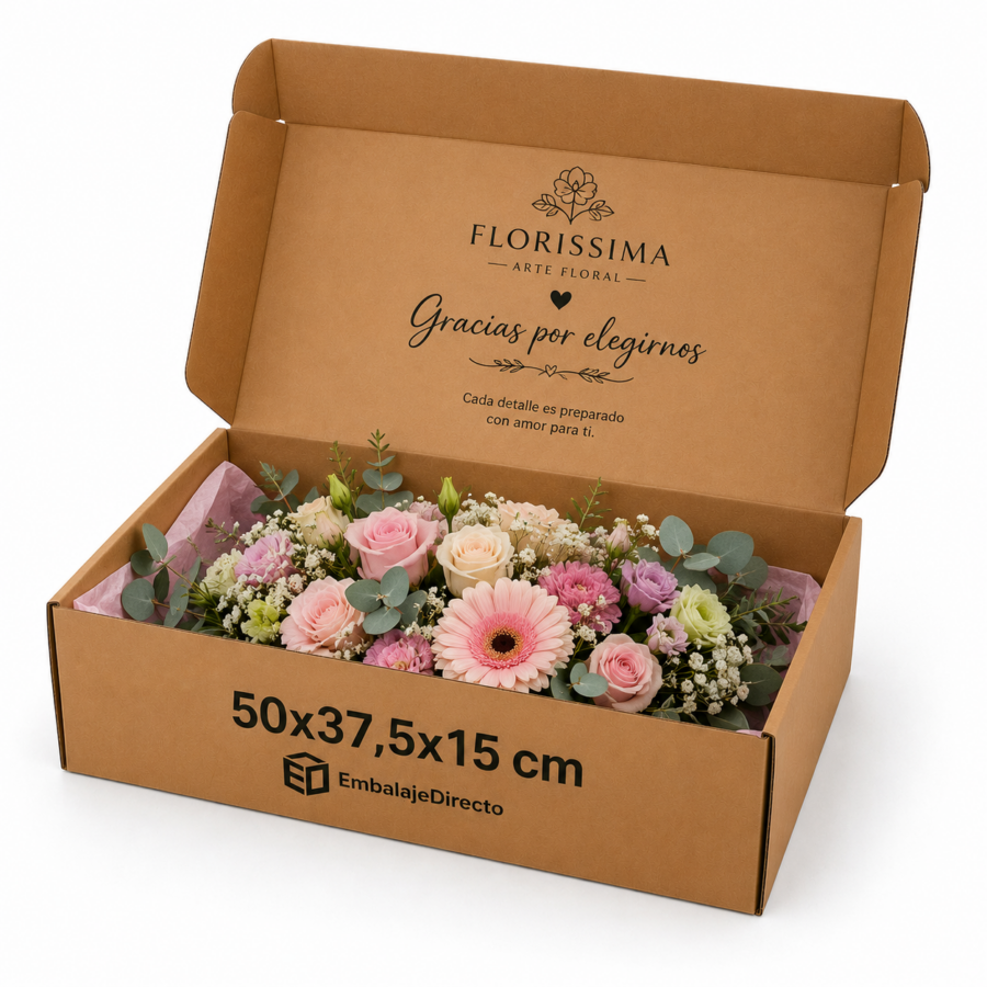 Caja para envío de flores 50x37,5x15 cm con ramo floral Caja para flores 50x37,5x15 cm con ramo floral en su interior y personalización para floristerías