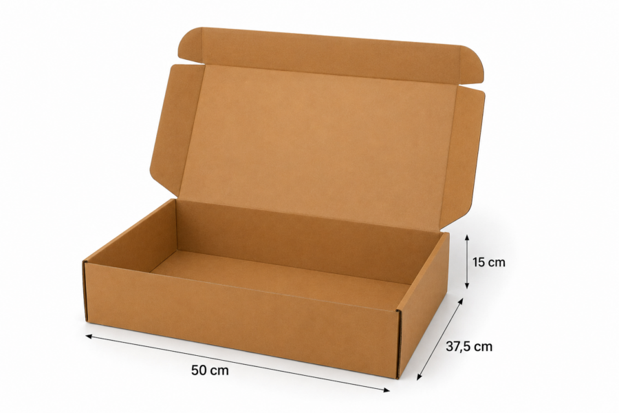 Medidas caja para flores 50x37,5x15 cm | Embalaje Directo Caja automontable para flores 50x37,5x15 cm con medidas indicadas y vista interior abierta
