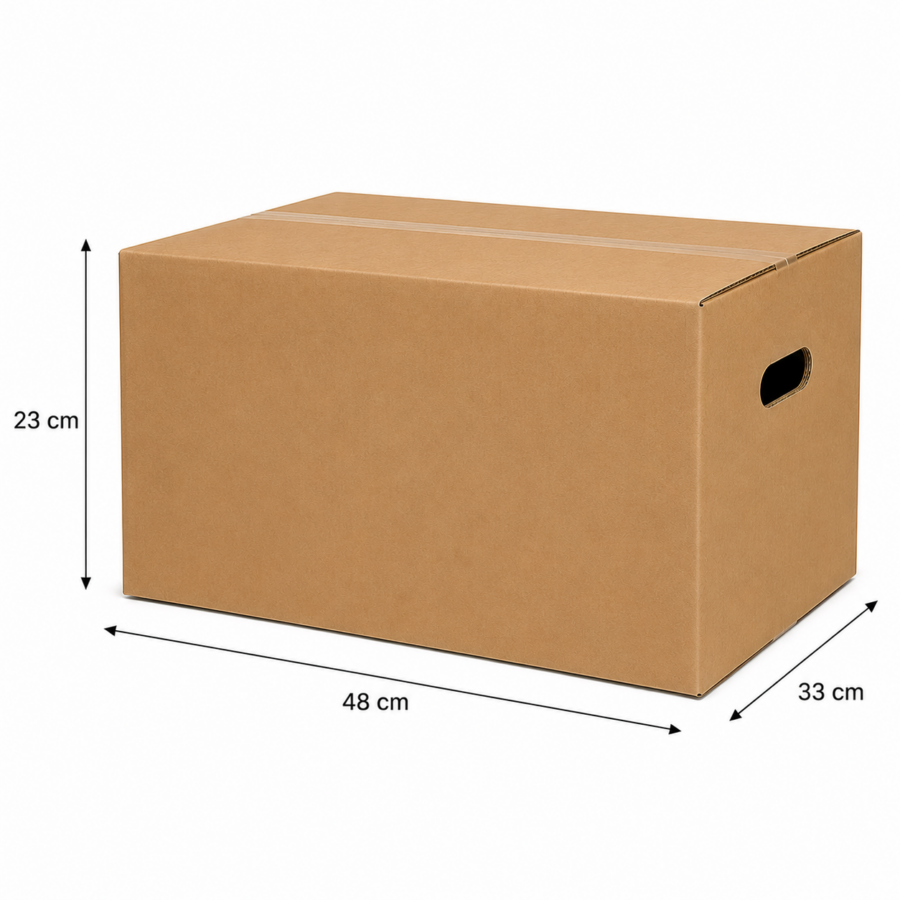 Medidas caja para frutas y verduras 48x33x23 cm Medidas caja para frutas y verduras 48x33x23 cm de cartón con asas laterales