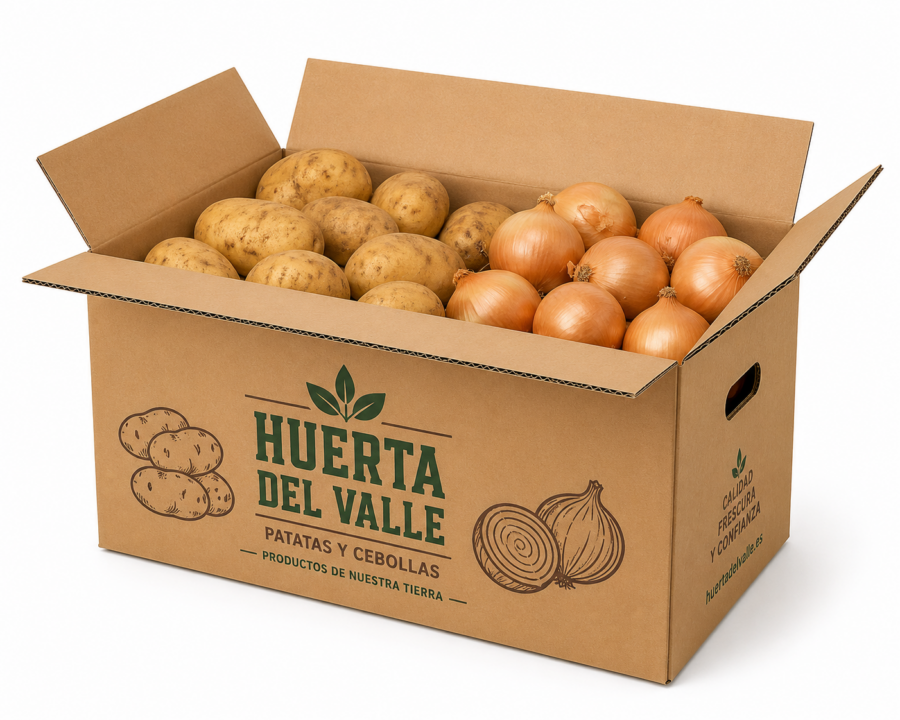 Caja personalizada para patatas y cebollas 48x33x23 cm Caja para frutas y verduras 48x33x23 cm personalizada para patatas y cebollas con producto en su interior