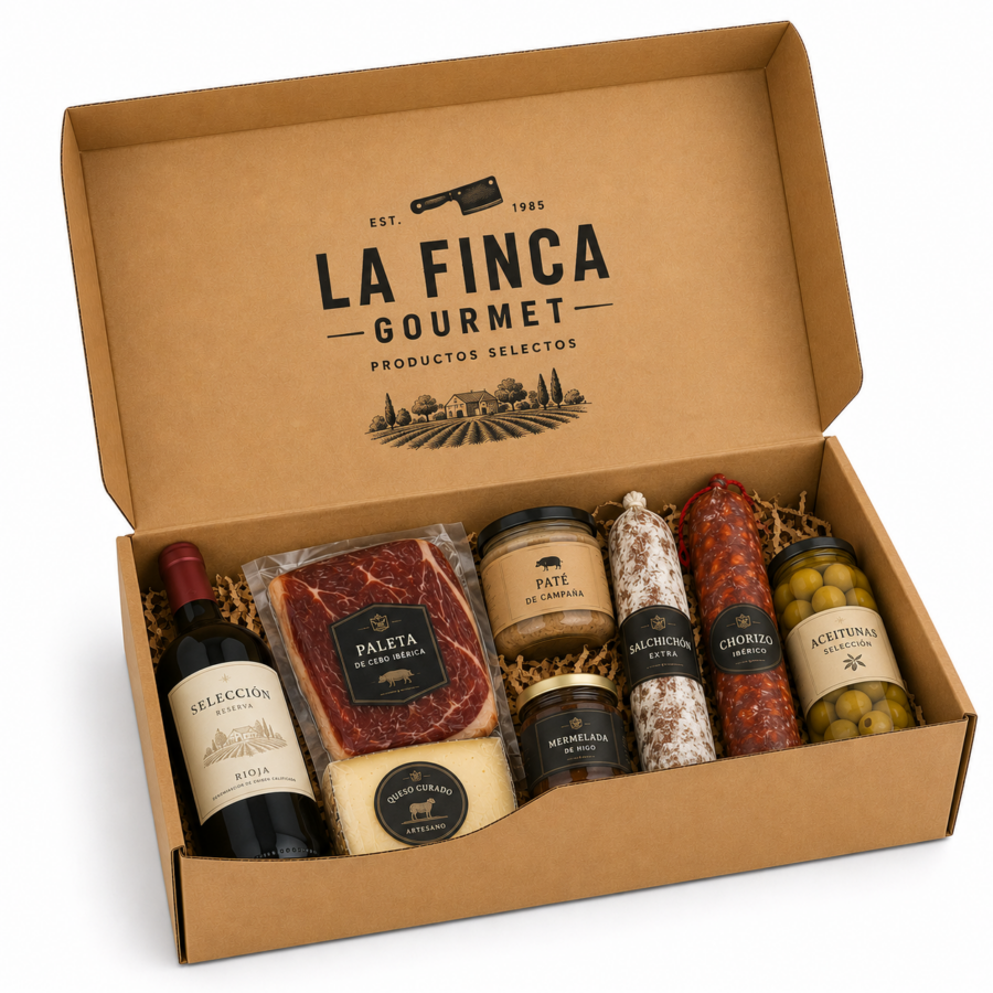 Caja Gourmet 40x30x12 cm con Productos Gourmet Caja gourmet 40x30x12 cm con productos gourmet, embutidos, queso, vino y conservas
