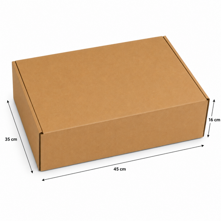 Dimensiones caja gourmet y carnicería 45x35x16 cm Medidas caja gourmet y carnicería 45x35x16 cm de cartón kraft automontable