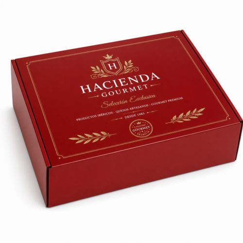 Caja gourmet premium personalizada roja para productos delicatessen 45x35x16 cm Caja gourmet premium roja 45x35x16 cm con impresión personalizada de lujo