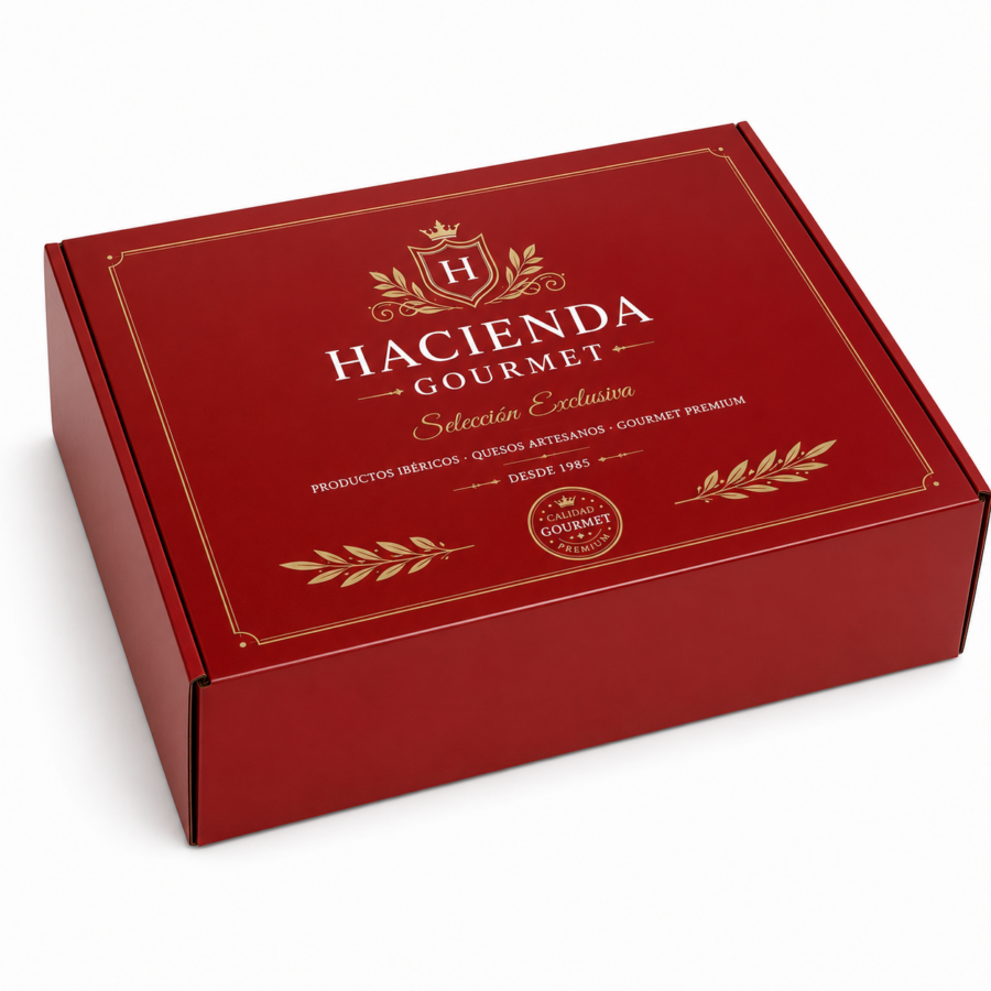 Caja gourmet premium personalizada roja para productos delicatessen 45x35x16 cm Caja gourmet premium roja 45x35x16 cm con impresión personalizada de lujo