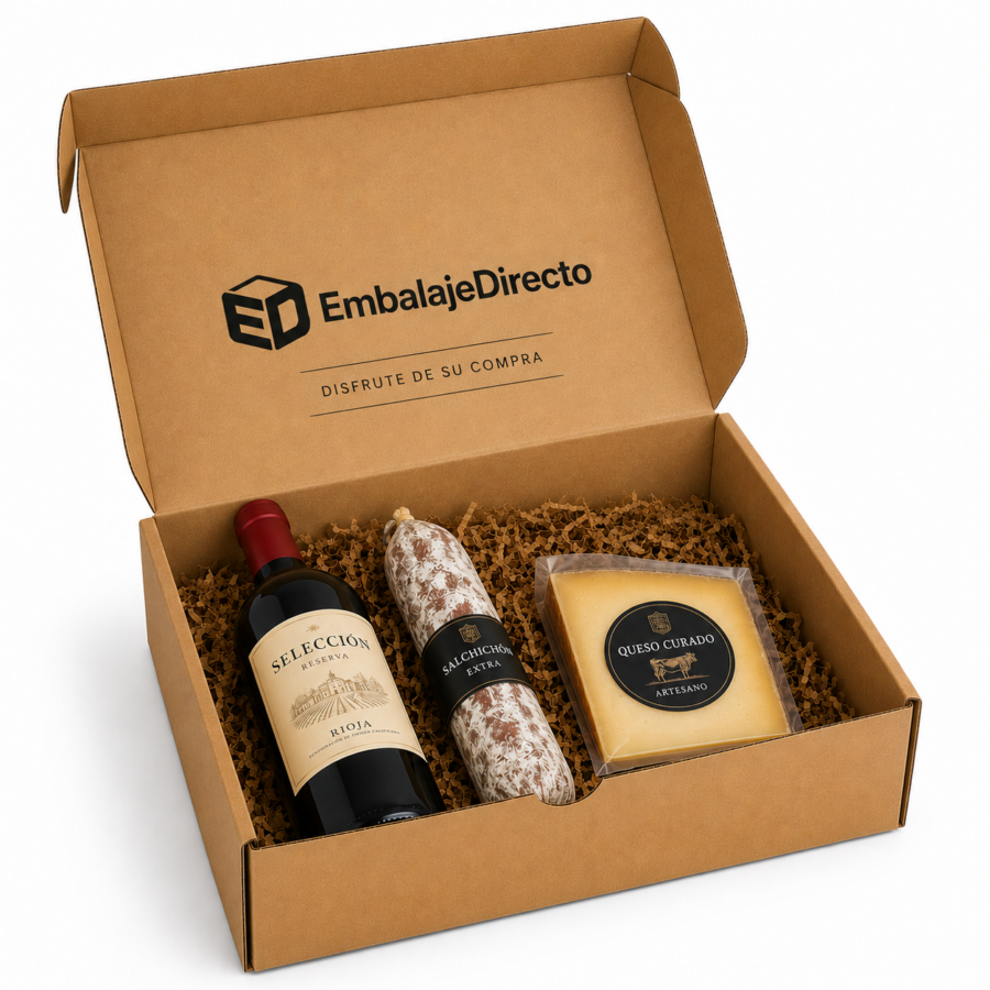 Caja gourmet de cartón kraft para lotes gastronómicos 45x35x16 cm Caja gourmet 45x35x16 cm con vino, salchichón y queso en cartón kraft