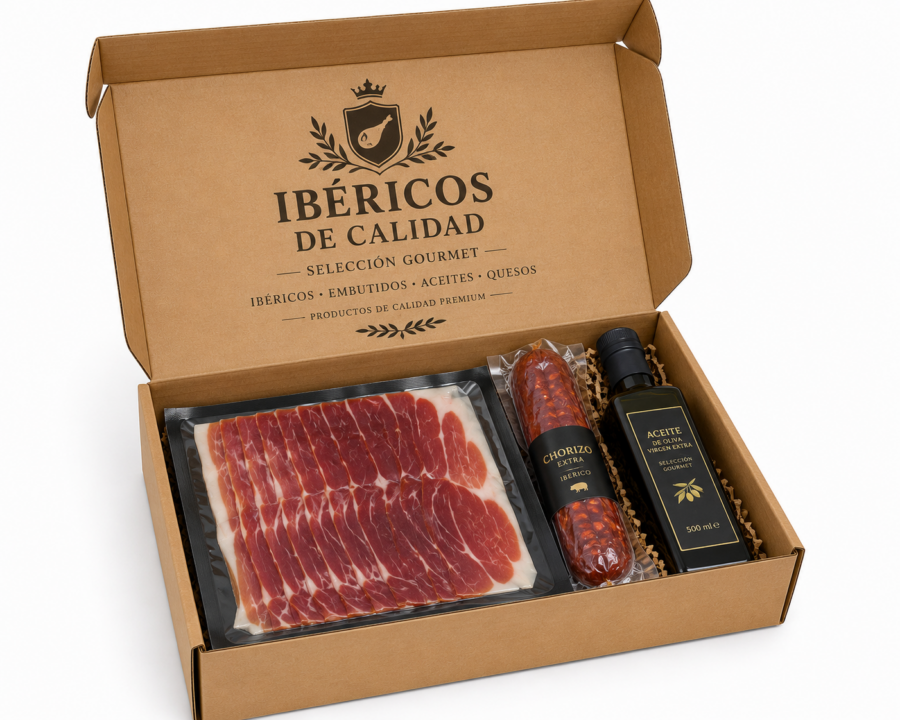 Caja gourmet abierta para ibéricos y embutidos 40x34,5x13,5 cm Caja para ibéricos y embutidos 40x34,5x13,5 cm abierta con jamón loncheado, chorizo ibérico y aceite gourmet