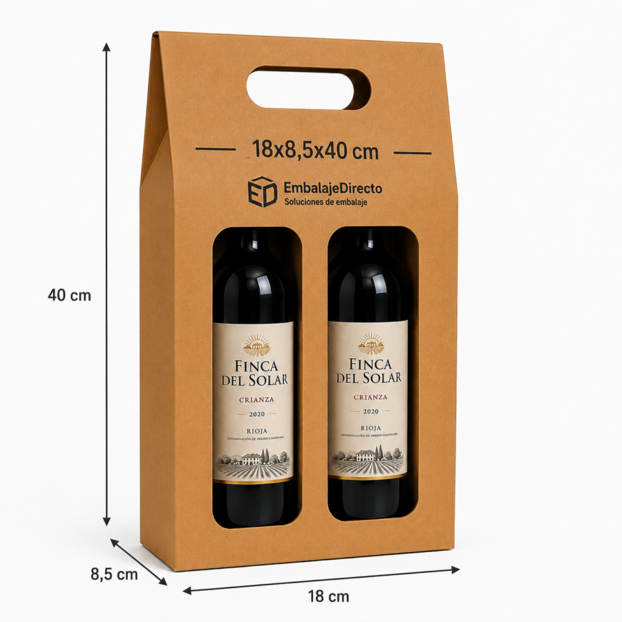 Caja para 2 botellas de vino 18x8,5x40 cm - Medidas Caja para 2 botellas de vino 18x8,5x40 cm con medidas y dimensiones