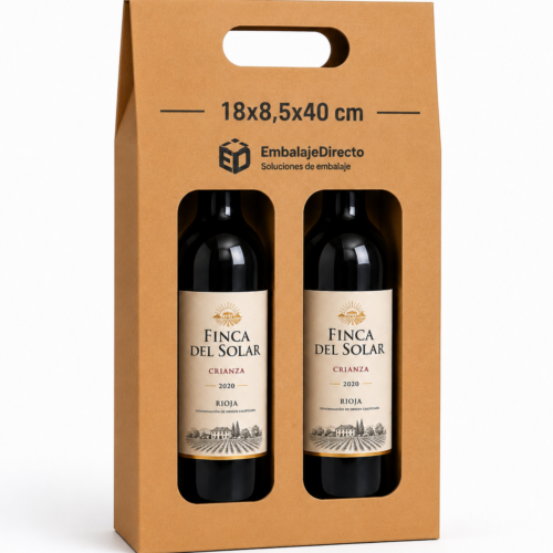 Caja para 2 botellas de vino 18x8,5x40 cm personalizada con asa y ventana expositora