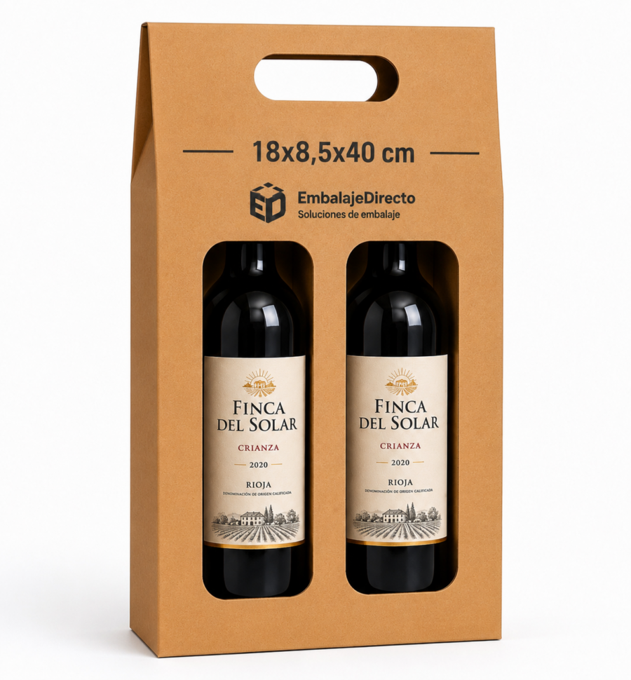 Caja para 2 botellas de vino 18x8,5x40 cm Caja para 2 botellas de vino 18x8,5x40 cm personalizada con asa y ventana expositora