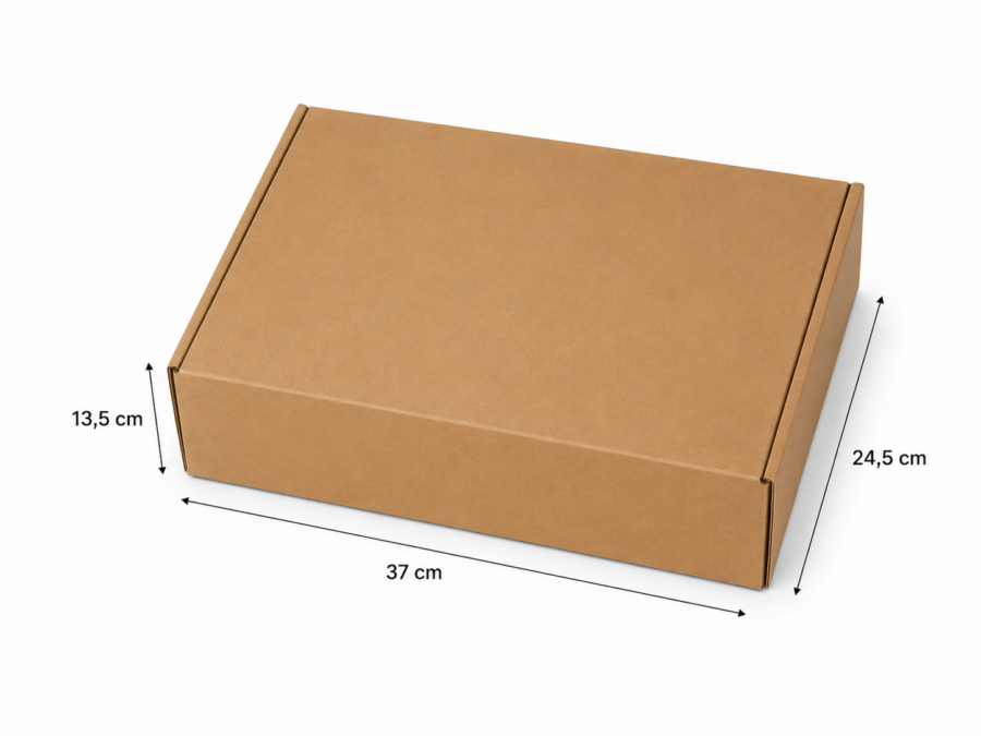 Medidas Caja para Bolsos 37x24,5x13,5 cm Medidas exteriores de caja para bolsos 37x24,5x13,5 cm de cartón kraft